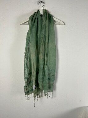 Jigsaw Women’s Green Linen Scarf Fringe Trim Intricate Embroidery Boho Chic Wrap